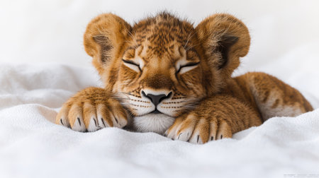 Baby lion lying down, resting paws under chin, white backdrop, cozy and peaceful, ultra-detailed fur texture, warm lightingの素材