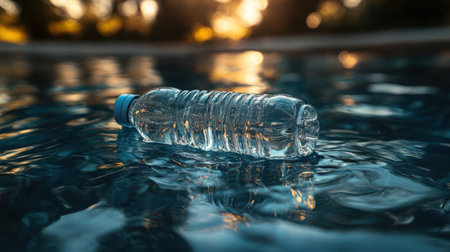 Plastic water bottle floating in a swimming pool, distorted view through the water, natural sunlight creating reflectionsの素材