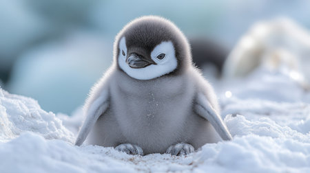 Emperor penguin chick with especially fluffy gray down, sitting contentedly on white with its feet tucked under its warm bellyの素材