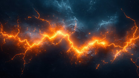Dark void background with fractured orange lightning-like streaks, energetic and powerful abstract conceptの素材