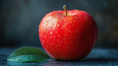 Apple with Leaf - Single red apple with fresh green leaf still attached, natural stem, bright color contrast, isolated purityの素材