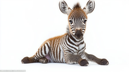 Baby zebra sitting like a dog with front legs straight, looking adorable, isolated on whiteの素材