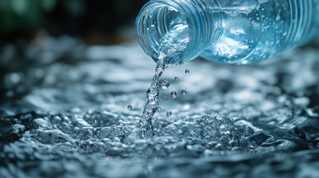 Close-up of water pouring into an empty plastic bottle, capturing the liquid movement and air bubblesの素材