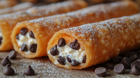 Cannoli with Ricotta Filling - Crispy Sicilian cannoli shells filled with sweet ricotta, chocolate chips, and powdered sugar on a rustic table. --no text,letters,logoの素材