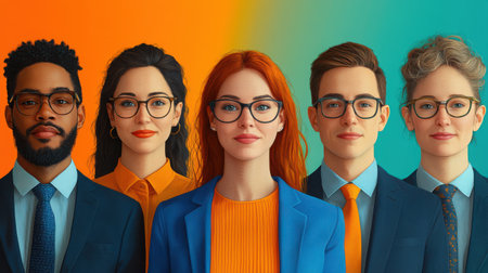 Modern Workforce Group - Diverse team illustration with clean lines, blue and orange color scheme, professional yet friendly expressionsの素材