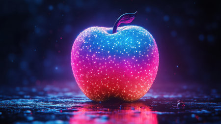 Neon Apple Glow - A surreal glowing apple with electric blue or pink aura, dark void background, futuristic and eye-catchingの素材