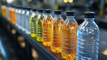 Row of plastic water bottles at different fill levels (empty to full), demonstrating volume measurementの素材