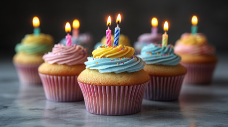 Festive Dessert Display - Centered row of colorful cupcakes with lit multicolor candles, pastel frosting swirls, and rainbow sprinklesの素材