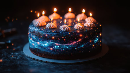 Celestial Birthday Lights - A cosmic-inspired dark setting with a galaxy-themed cake, candlelight mimicking stars, swirling bokeh, and radiant light streaks for an otherworldly feel.の素材