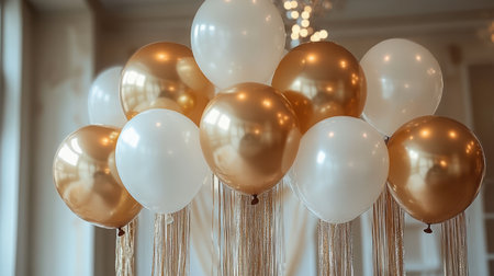 Golden Glam Celebration - Luxe gold and white decorations featuring metallic balloons, crystal fringe curtains, and elegant tassel garlands.の素材