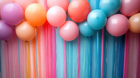 Rainbow Streamer Wonderland - Dozens of multicolored crepe paper streamers cascading from ceiling to floor, intermixed with round latex balloons in coordinating hues.の素材