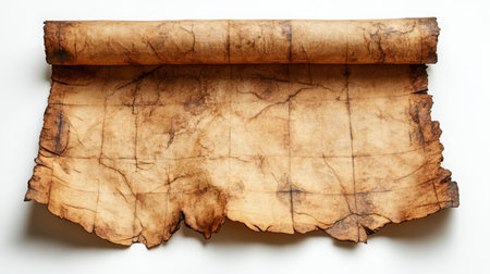Weathered Paper Scroll - An unfurled ancient-looking scroll with rough deckled edges and natural creases, casting soft shadows on white backdrop.の素材