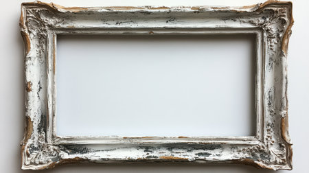Distressed White Frame - A shabby-chic style picture frame with intentional chipped paint and worn edges, empty against pure white.の素材