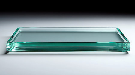 Modern Glass Frame - A contemporary frameless glass picture holder with clean lines and reflective surfaces, empty and positioned on white background.の素材