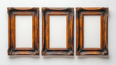 Floating Frame Triptych - Three empty frames of identical style arranged in a floating triptych composition on white.の素材