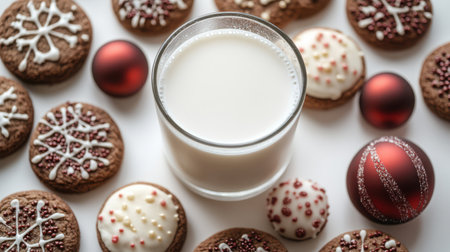 Cookie and Milk Tradition - Classic Christmas cookies arranged around a glass of milk with condensation droplets, shot from directly above on white background.の素材