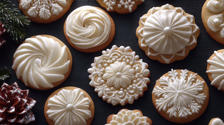 Monochromatic Cookie Set - Elegant all-white Christmas cookies with intricate icing designs arranged on dark charcoal background for contrast.の素材