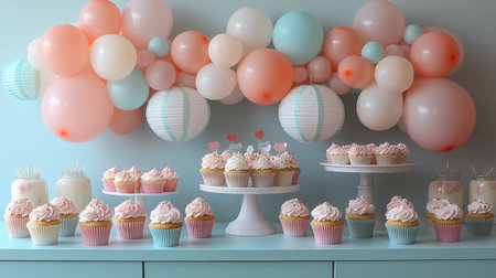 Festive Dessert Table - A candy-colored dessert spread with a balloon garland backdrop, cupcake stand, and hanging paper lanterns in varying sizesの素材