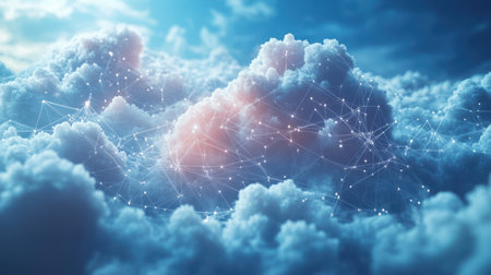 Digital Cloud Network - Floating data nodes connected by thin white lines, evoking cloud computing and AI.の素材