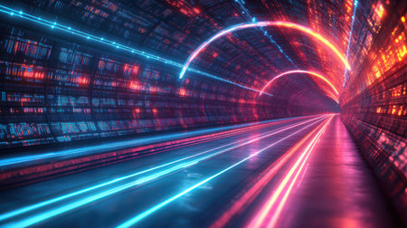 Neon Data Highway - Fast-moving streaks of light resembling a futuristic data superhighway.の素材