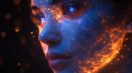 Quantum Face Matrix - A human countenance revealed through shimmering quantum computing patterns in electric blue and violet.の素材