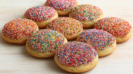 Colorful Sprinkle Cookies - Vibrant Christmas cookies covered in rainbow sprinkles and nonpareils arranged by color on light wooden background.の素材