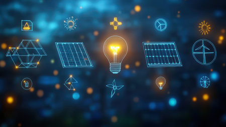 Eco-friendly line icons including a lightbulb, solar panel, and wind turbine, designed with precision for mobile and web applications. Smooth editable stroke.の素材