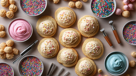 Cookie Decorating Supplies - Unfrosted cookies surrounded by bowls of colored icing, various sprinkles, and decorating tools in an organized flat lay.の素材