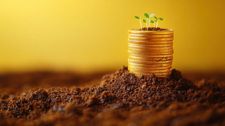 Golden coin towers nurturing young sprouts, earthy brown soil, soft yellow backdrop, hopeful financial metaphorの素材