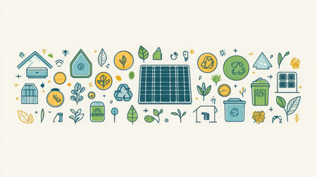 Minimalist line art of green energy and ecology symbols, such as a solar panel, leaf, and recycling bin. Editable stroke for flexibility.の素材