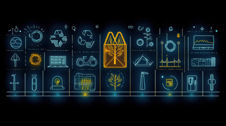 Sleek line icons representing ecology, with elements like a sapling, eco-bag, and clean energy symbols. Perfect for modern digital projects.の素材