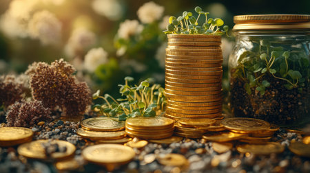 Financial growth concept: gold coin stacks with fresh sprouts, earthy tones, soft bokeh background with foliage and money jarの素材