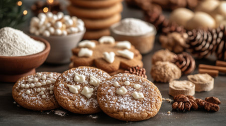 Gluten-Free Holiday Cookies - Beautifully decorated allergy-friendly Christmas cookies arranged with alternative flours and ingredients in the background.の素材