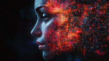 Binary Face Mosaic - A portrait formed by cascading digits and mathematical symbols with faint facial features visible in negative space.の素材