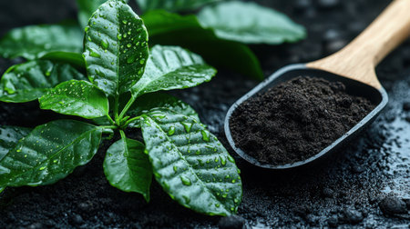 Gardening scoop with fresh soil next to newly planted coffee seedling, water droplets on leaves, shallow focusの素材