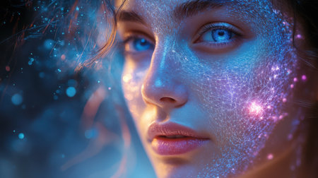 Quantum Face Matrix - A human countenance revealed through shimmering quantum computing patterns in electric blue and violet.の素材
