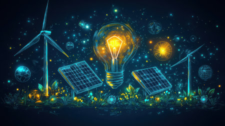 Eco-friendly line icons including a lightbulb, solar panel, and wind turbine, designed with precision for mobile and web applications. Smooth editable stroke.の素材