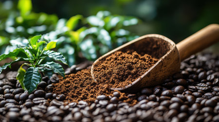 Gardening scoop with fresh compost beside newly sprouted coffee plants, warm earthy tonesの素材