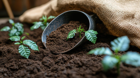 Metal scoop resting at angle in bag of potting soil with small coffee seedlings in foregroundの素材