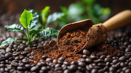 Gardening scoop with fresh compost beside newly sprouted coffee plants, warm earthy tonesの素材