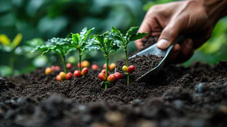Hand planting coffee seedling with scoop, detailed view of roots being covered with dark fertile soilの素材