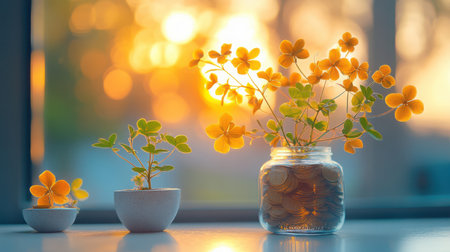 Coin planters with tiny leaves, golden reflections, soft bokeh background with financial elements, eye-level viewの素材