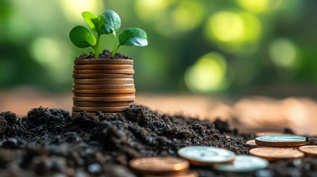 Coin towers with new plant life, crisp focus on money and soil, blurred financial elements in backgroundの素材