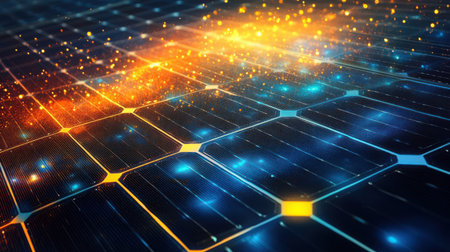 Detailed close-up of solar panel surface with visible silicon cells and metallic conductors under direct sunlightの素材
