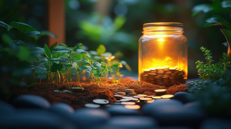 Financial ecosystem metaphor: coins as fertile ground for plants, jar of money in distance, natural growth lightingの素材