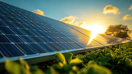 Close-up view of gleaming solar panel array under bright blue sky, sunlight reflecting off photovoltaic cells with wispy clouds aboveの素材