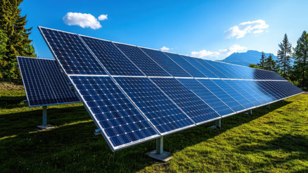 Perfectly aligned solar panels catching sunlight at ideal angle under cloudless azure sky, renewable energy conceptの素材