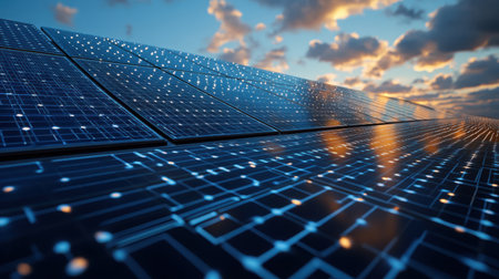 Detailed shot of modern solar panel surface with visible circuitry patterns, set against deep blue sky with scattered white cloudsの素材