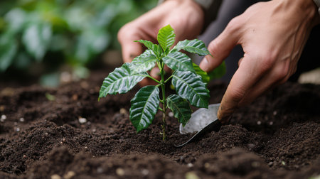 Close-up of gardener's hands using scoop to transplant young coffee plant seedling into fertile soil, sustainability conceptの素材