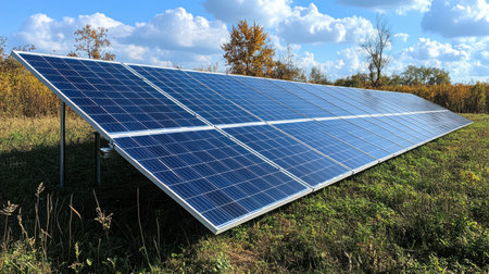 Solar panel installation under ideal weather conditions - cloudless blue sky providing perfect unobstructed sunlightの素材